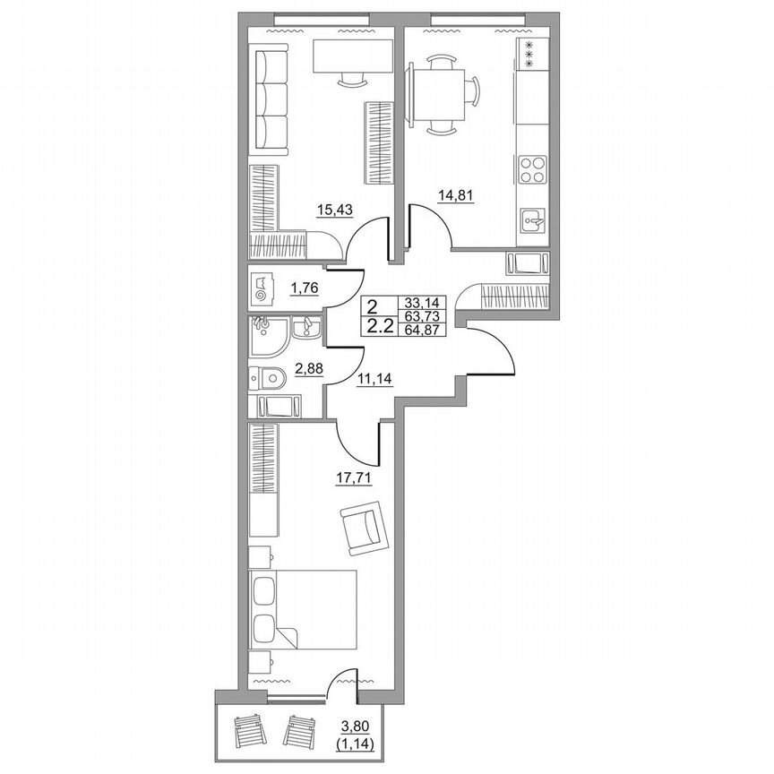 2-к. квартира, 64,9 м², 4/11 эт.