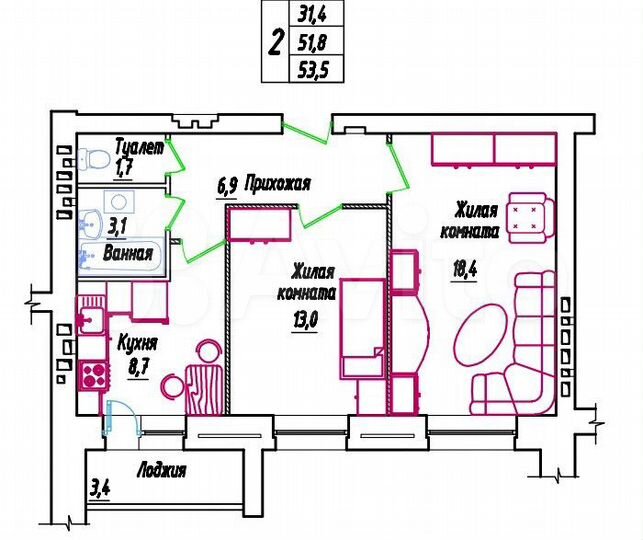 2-к. квартира, 53,5 м², 5/9 эт.