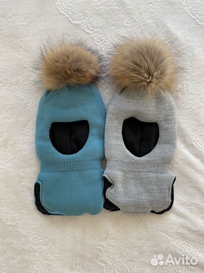 Шапка шлем с натуральным помпоном