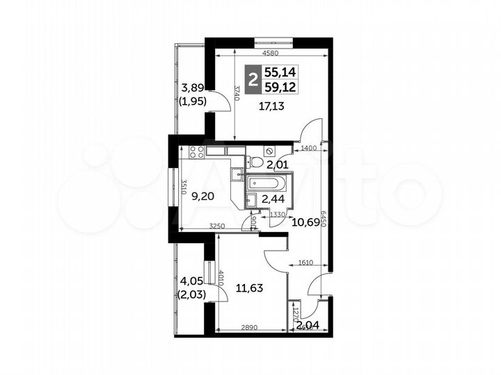 2-к. квартира, 58,6 м², 1/19 эт.