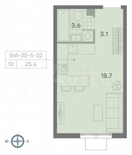 Квартира-студия, 25,4 м², 17/23 эт.