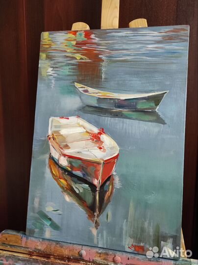 Картина маслом на холсте пейзаж лодки