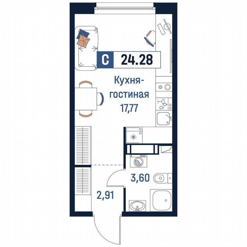 Квартира-студия, 24,3 м², 17/18 эт.