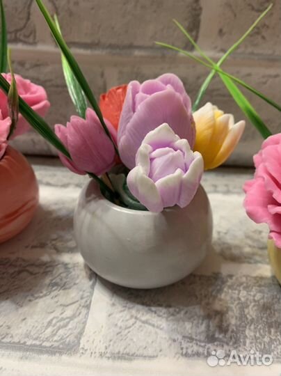 Цветы из мыла в гипсовом горшочке