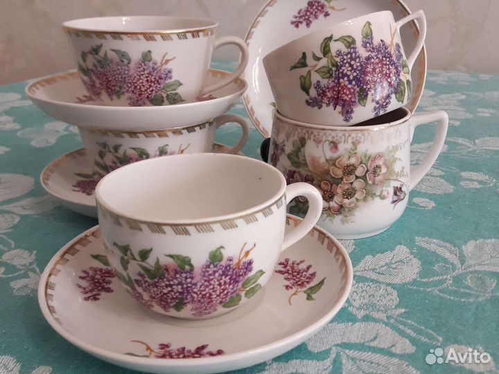 Чайные пары, чашки, блюдца,сирень песочное