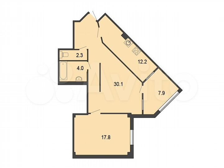 2-к. квартира, 74,3 м², 3/4 эт.