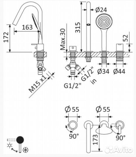 Смеситель на борт ванны cezares leaf-bvdm4-SS