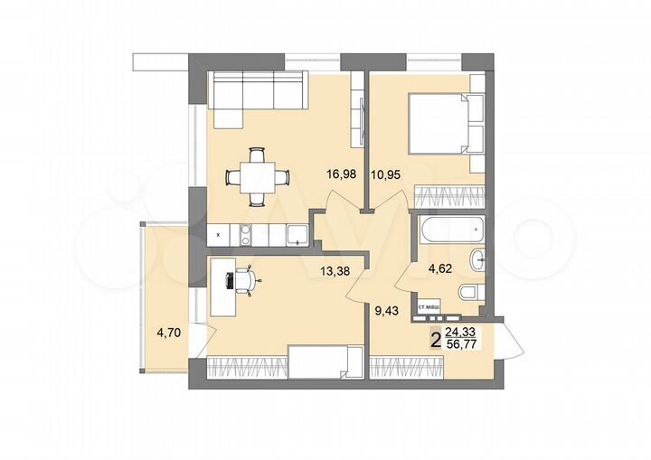 2-к. квартира, 56,4 м², 19/26 эт.