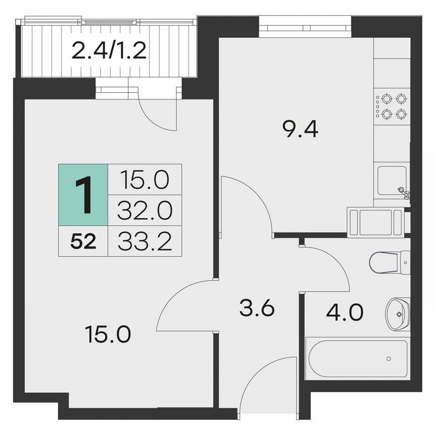 1-к. квартира, 33,2 м², 9/9 эт.