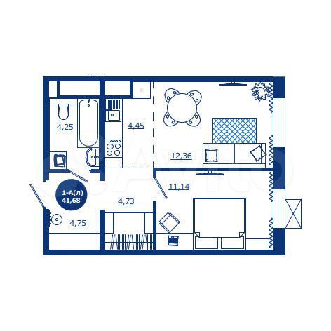 1-к. квартира, 41,7 м², 12/17 эт.