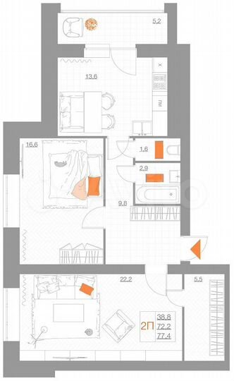 2-к. квартира, 77,4 м², 1/5 эт.