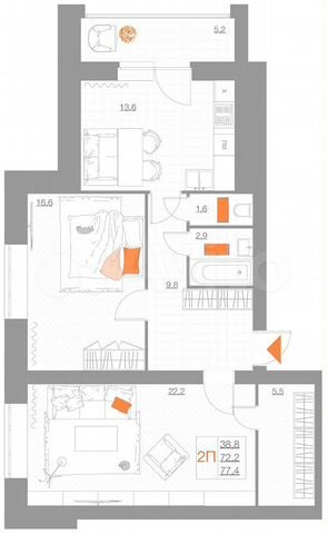 2-к. квартира, 77,4 м², 1/5 эт.
