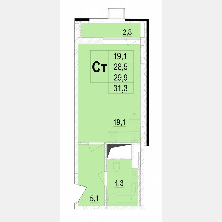 Квартира-студия, 29,9 м², 24/25 эт.