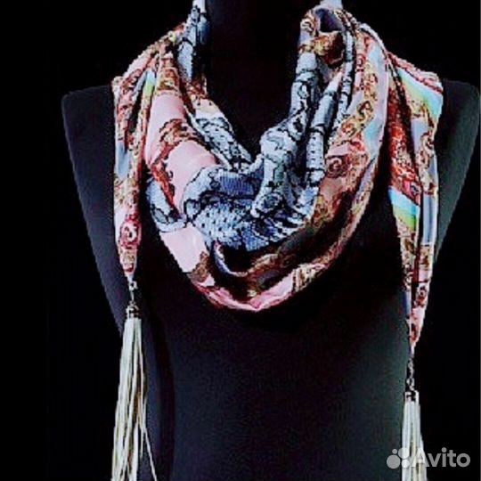 Дизайнерский платок, итал.смесов.шелк, кисти замша