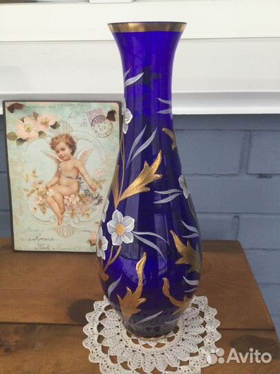Ваза кобальтовое стекло Богемия ручная роспись