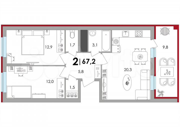 2-к. квартира, 68,4 м², 13/18 эт.