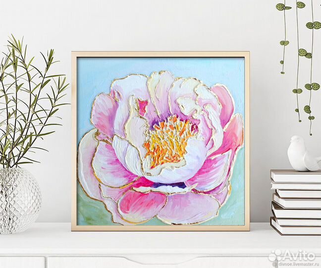 Картина Пионы с золотом цветы c маслом текстурная