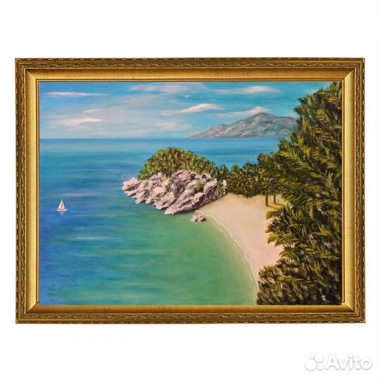 Картина маслом. Море, пляж, скала, яхта