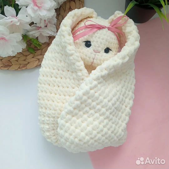 Плюшевый заяц вязаный зайка ручная работа