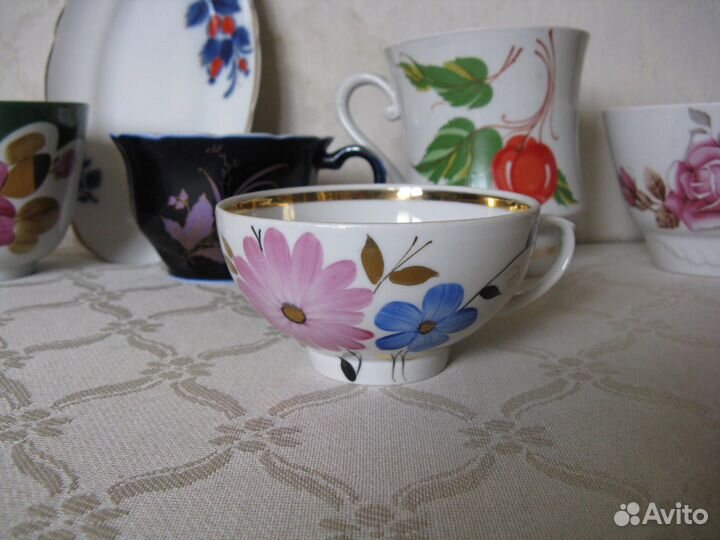Фарфор советский, пара, чашка, лфз, золотой завит