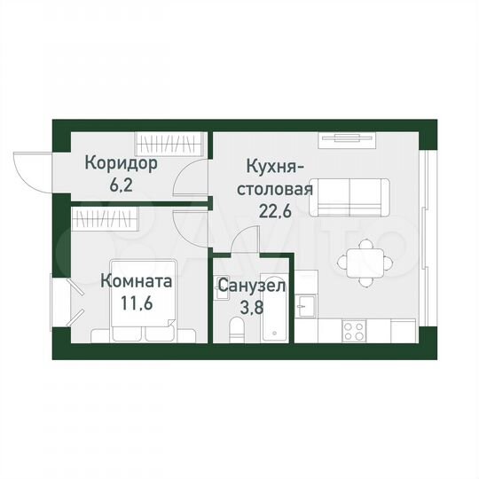 1-к. квартира, 43,4 м², 1/3 эт.