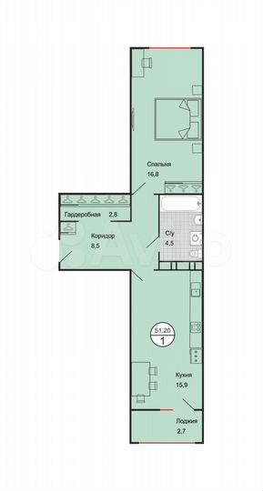 1-к. квартира, 51,2 м², 2/4 эт.