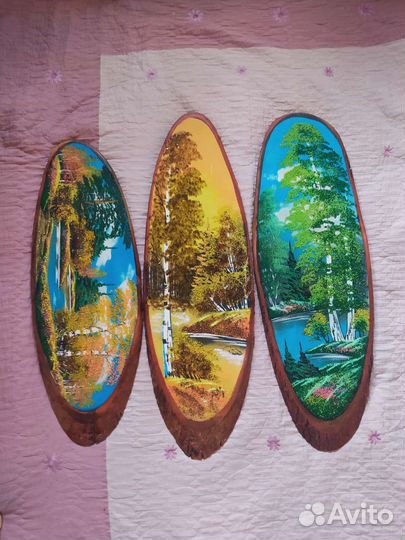 Картины с каменной отделкой на спиле дерева