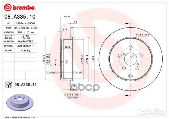 08.A335.10 диск тормозной задний Toyota Avensi