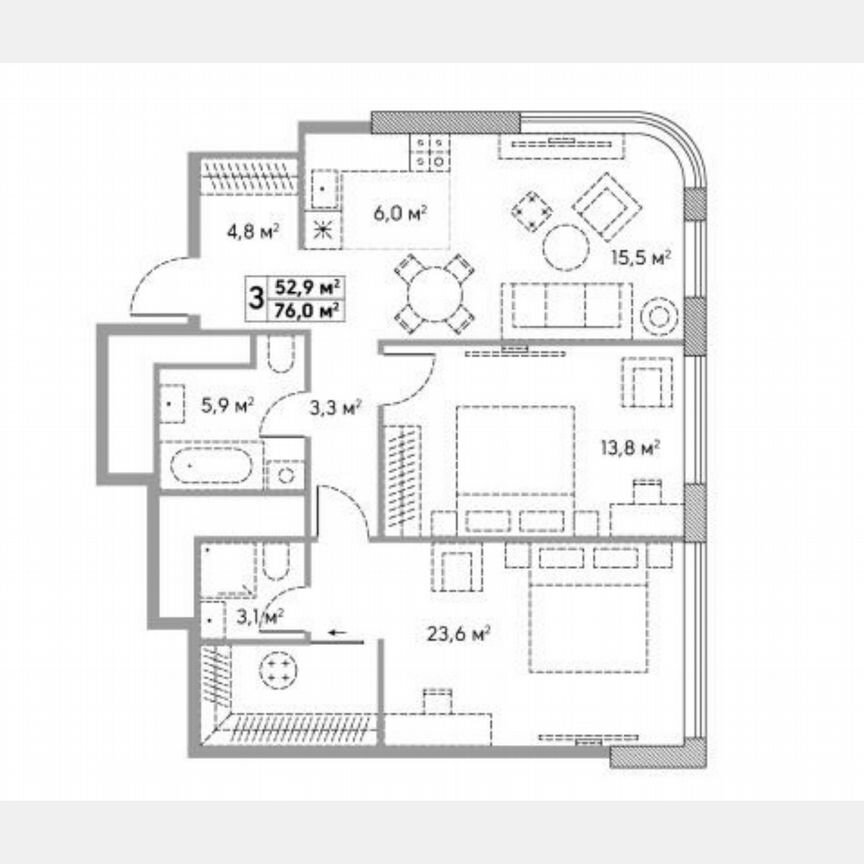 3-к. квартира, 76 м², 18/29 эт.