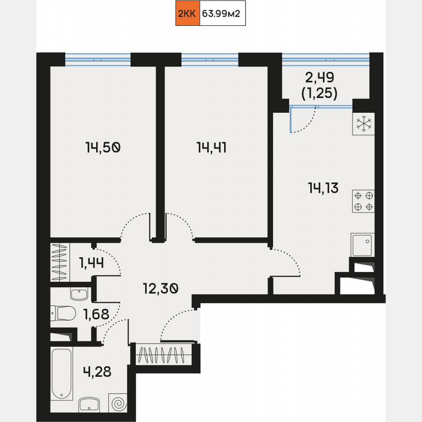 2-к. квартира, 64,3 м², 3/9 эт.