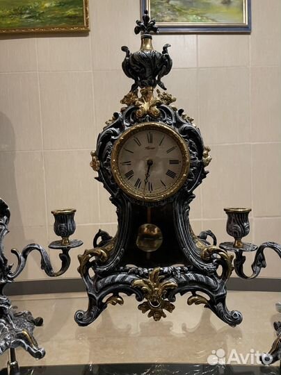 Часы каминные бронза с подсвечниками Mozer