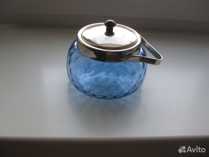 Сахарница СССР. Голубое рифленое стекло