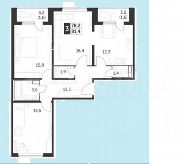 3-к. квартира, 81,4 м², 15/25 эт.