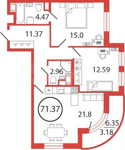 2-к. квартира, 71,4 м², 6/12 эт.