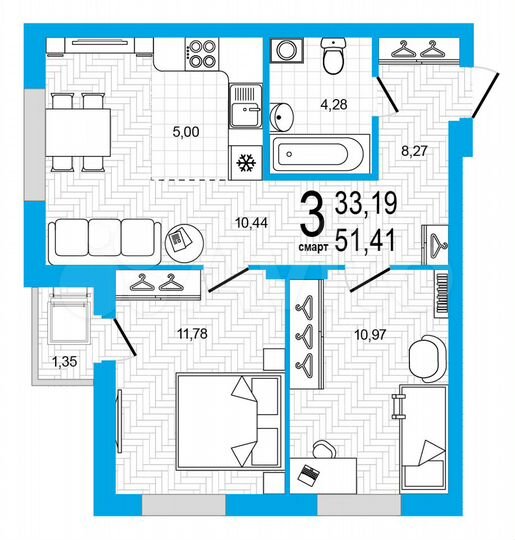3-к. квартира, 51,4 м², 17/18 эт.