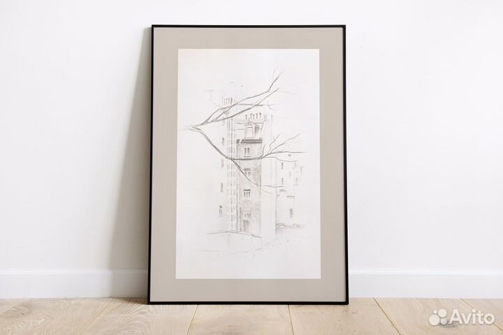 Рисунок карандашом, графика, городской пейзаж