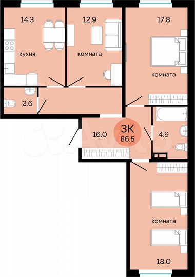3-к. квартира, 86,5 м², 5/14 эт.