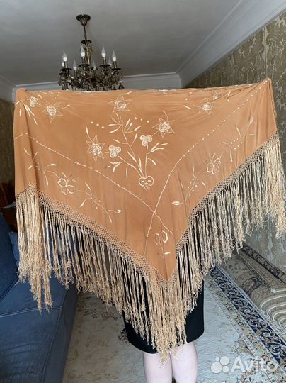 Старинный николаевский крепдешиновый платок-шаль