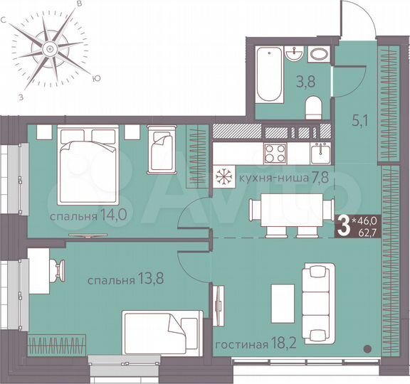 3-к. квартира, 62,7 м², 9/16 эт.
