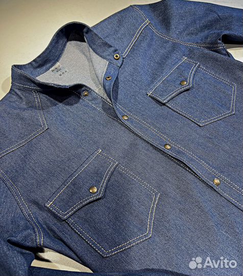 Рубашка джинсовая темно-синяя с воротом стойкой