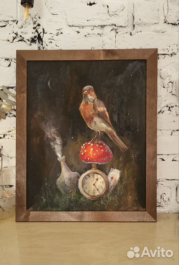 Птица часы карта и мухомор. Картина маслом