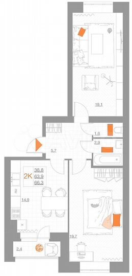 2-к. квартира, 66,3 м², 4/5 эт.