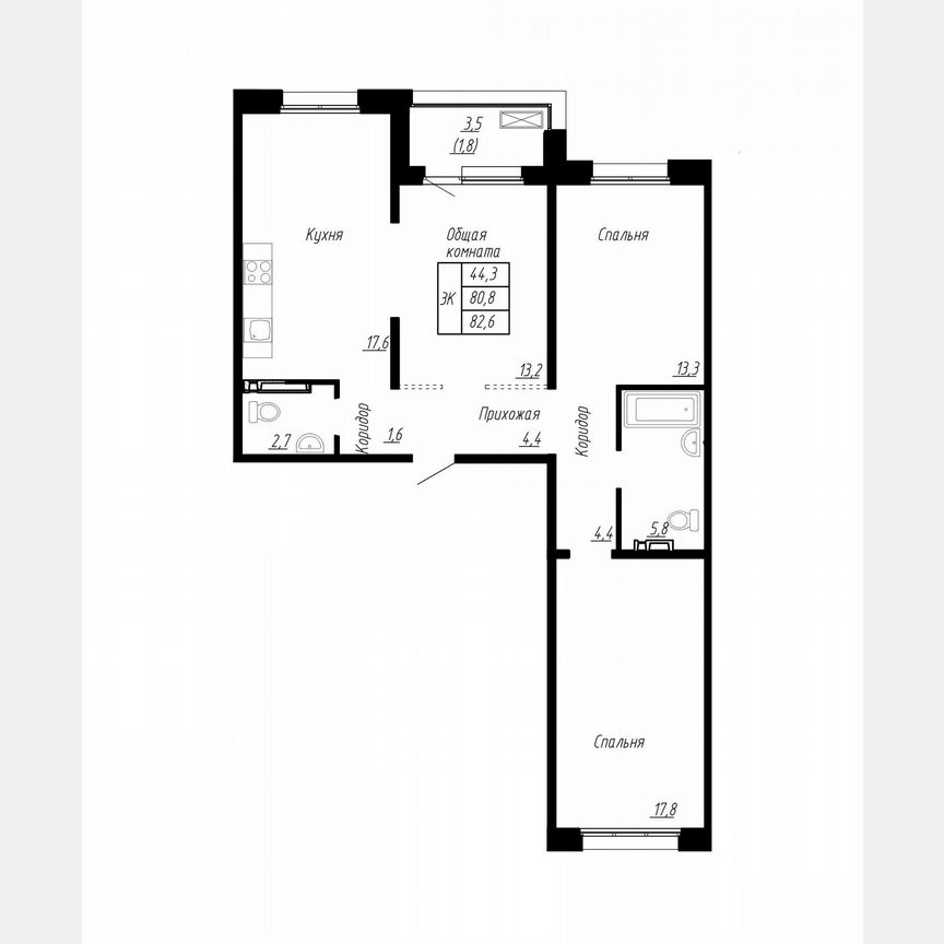 3-к. квартира, 82,6 м², 10/17 эт.