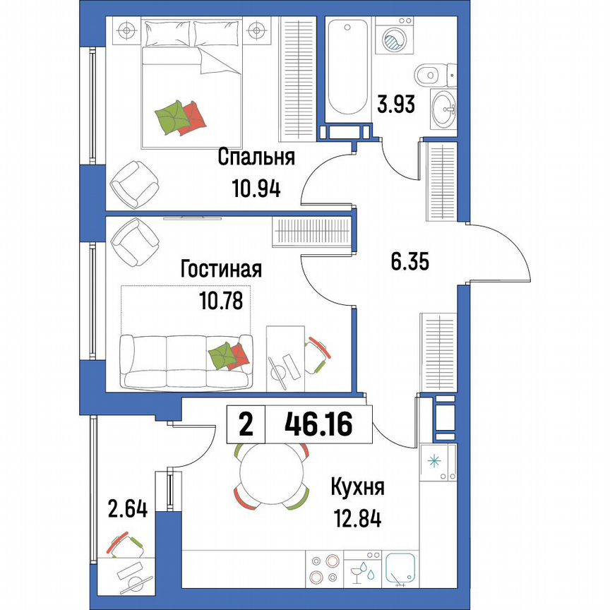 2-к. квартира, 46,2 м², 7/16 эт.