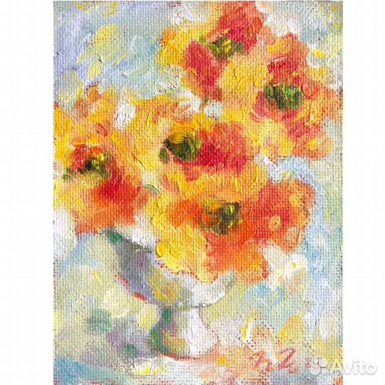 Картина маслом красные маки цветы букет летний