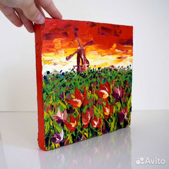 Картина маслом на холсте Красные тюльпаны импасто