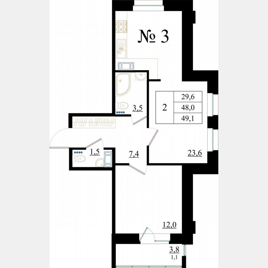 2-к. квартира, 49,1 м², 1/8 эт.
