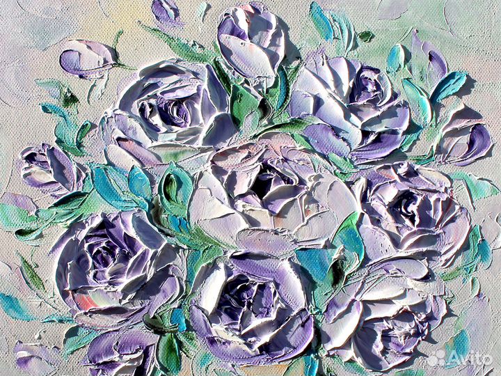 Картина маслом с букетом роз в вазе на холсте