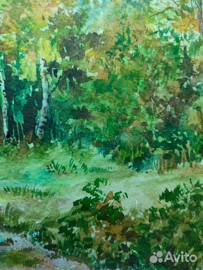 Картина акварелью летний пейзаж в лесу
