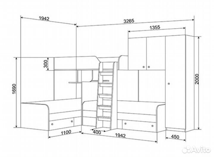 Трехместная кровать трио/2 Дуб молочный/Орех